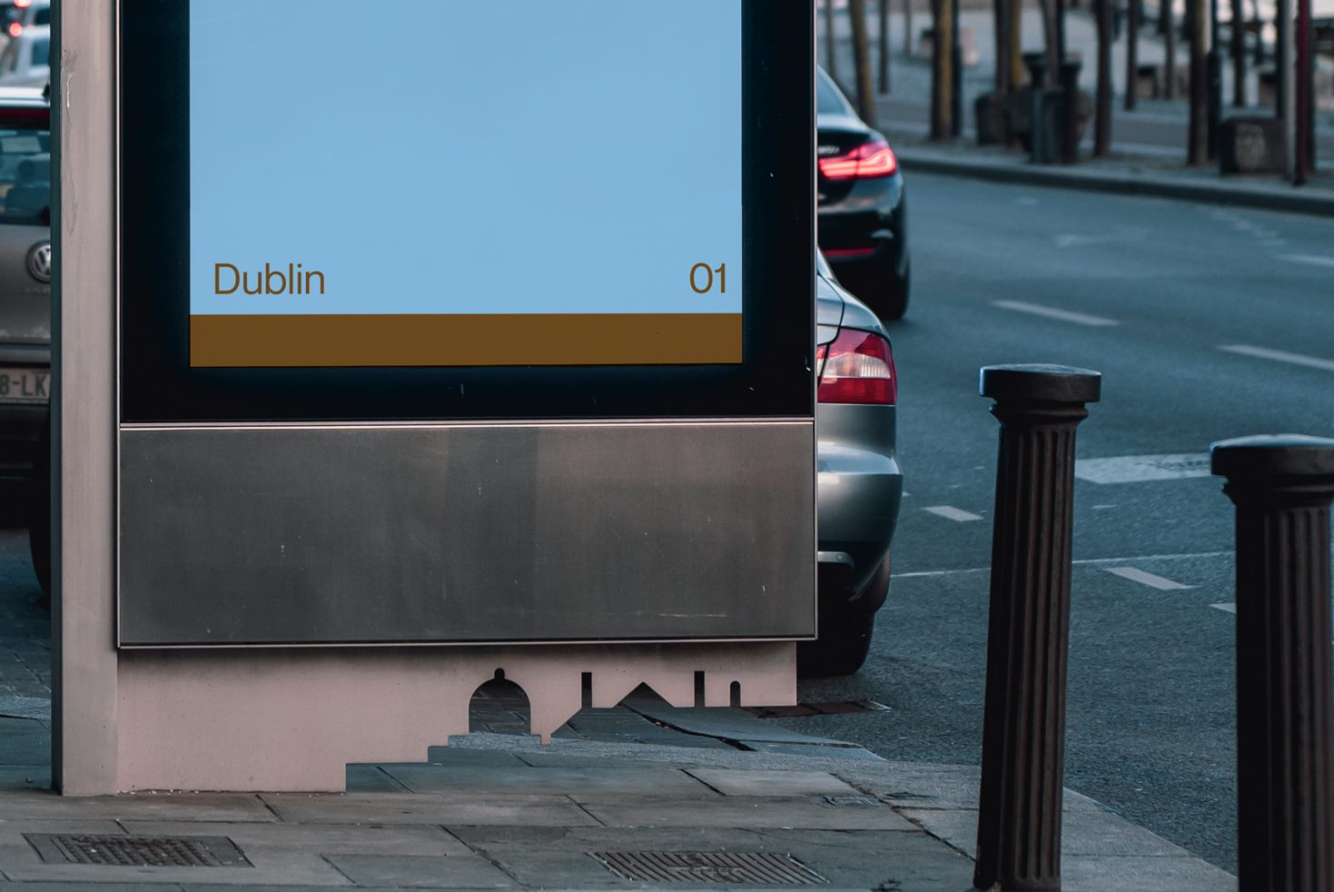 Outdoor advertising mockup displaying a billboard kiosk on a city street with editable design space, street scene background, and modern fonts.